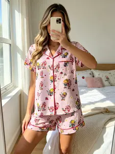 Strawberry Girl Print Women's Pajama Set, Comfortable Wear-Outside Sleepwear, Short Sleeve Button-Up Top and Elastic Shorts, Casual Home