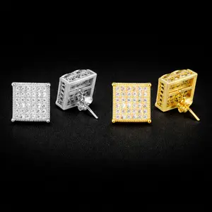 Micro Pave CZ Earring Gold Color Hip hop Jewelry Copper Iced AAA CZ Square Stud Earrings Push-back 12x12mm Street Rock