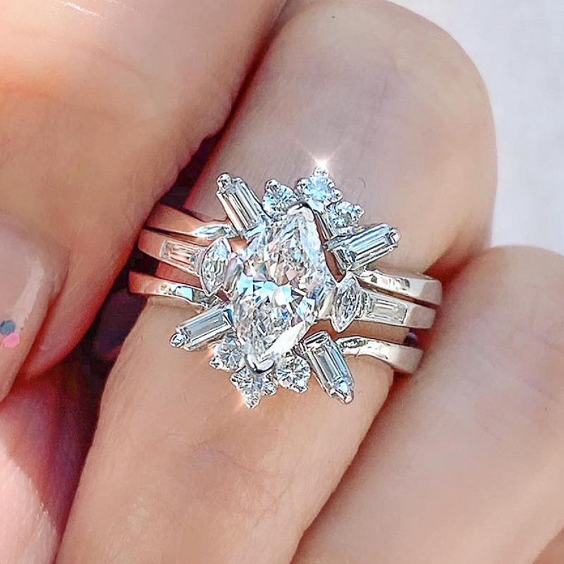 Marquise geometric ring three-piece set of light luxury design sense ...