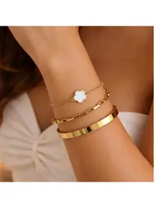 Trendy Lucky Five-Leaf Flower Clover Bracelet, Stainless Steel Fashion Jewelry for Women,Lucky Five-Petal Flower Clover Bracelet, Minimalist High-End Stainless Steel Stackable Bracelet,Minimalist Lucky Five-Leaf Clover Bracelet, Luxury Stainless Steel Tre