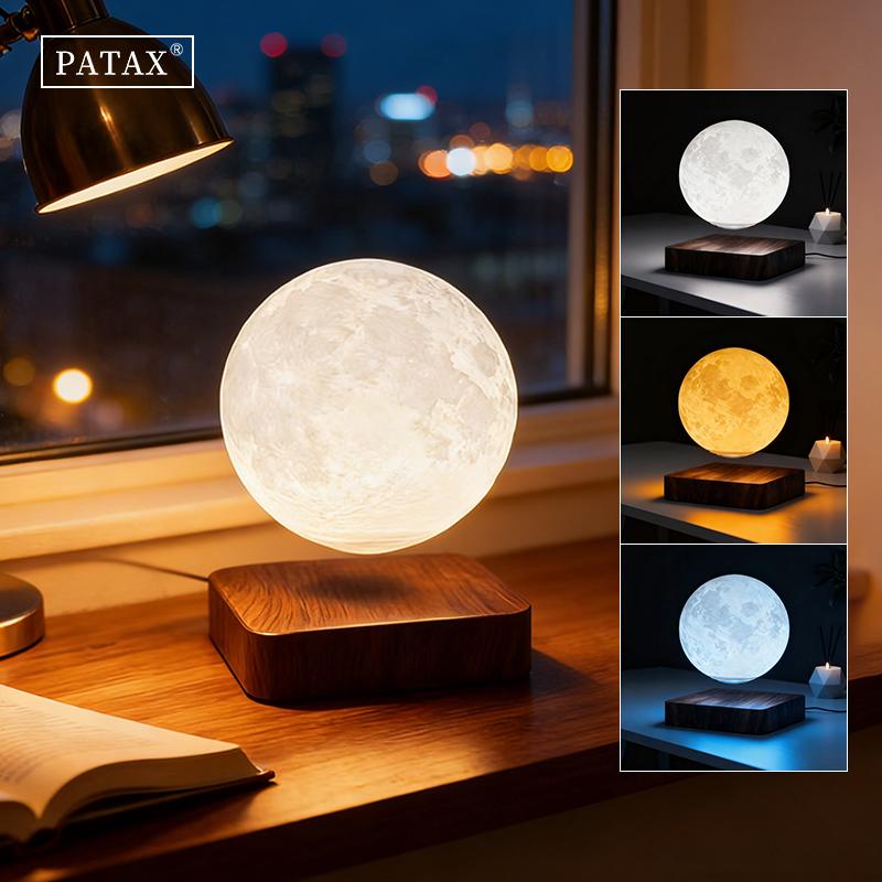 PATAX Levitating Moon Lamp Magnetic Floating Rotating Night Light 3 Color Adjustable 3D Crater Texture Touch Control Cool Tech Decor for Bedroom Desk Home Aesthetic Unique Gift for Family Friends Couples Kids Space Lovers