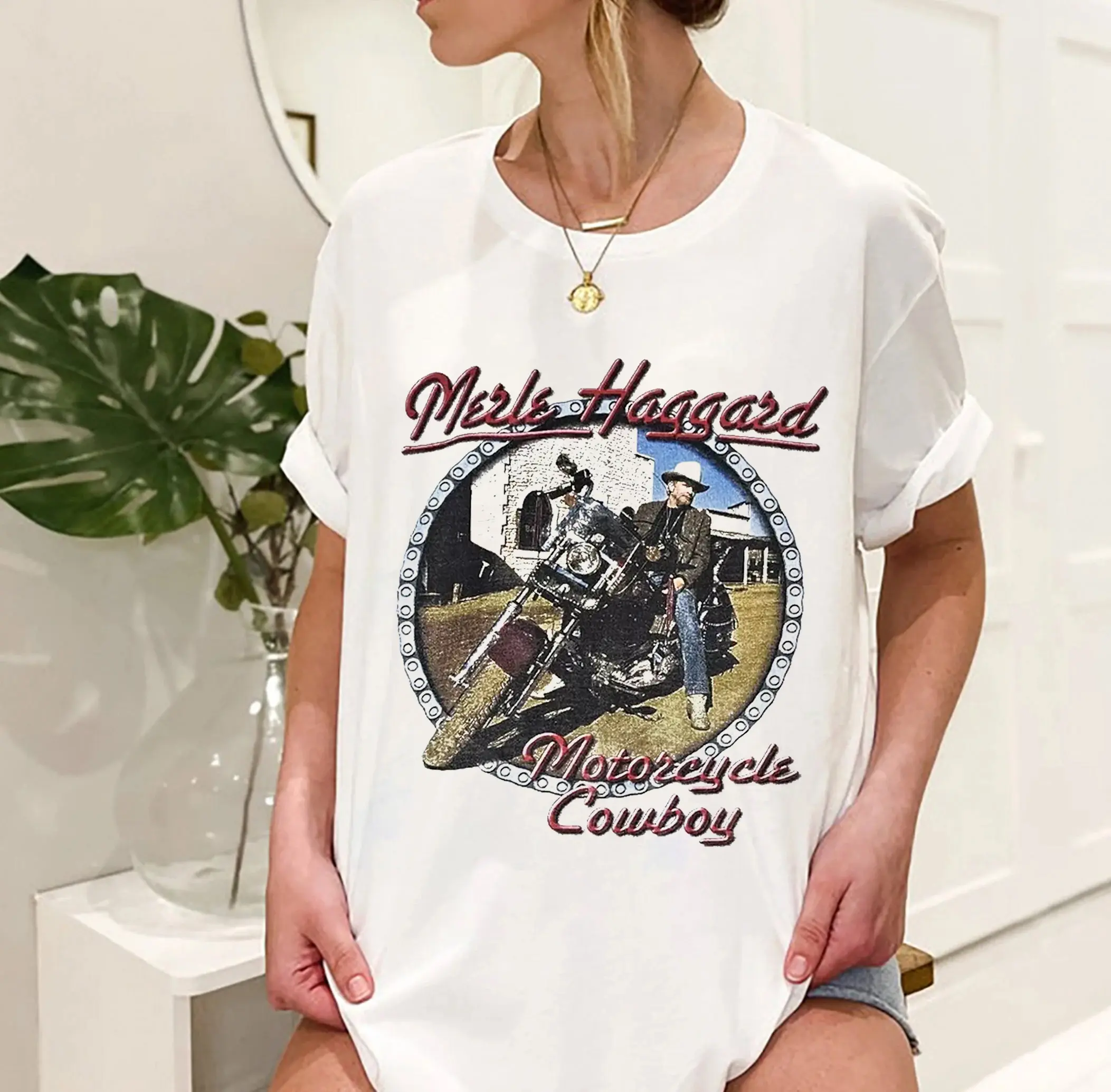 Merle Haggard Motorcycle Cowboy Vintage T-Shirt - Retro Country Music Biker Unisex Graphic Tee