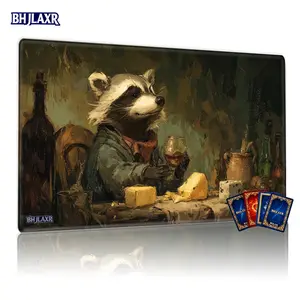 Whimsical Anthropomorphic Raccoon Dining MTG TCG Playmat - 12x24in Non - Slip, Cozy Party & Family Card Game Mat, Great Gift for Card Enthusiasts with Realism Fantasy Art
