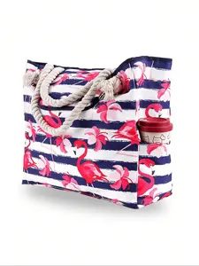 Flamingo Pattern Tote Bag, Fashionable Patterned Bag, Large Capacity Multi-functional Beach Bag, Travel Casual Holiday Beach Camping Bag for Women & Girls