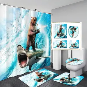 Funny Cartoon Bear Shark Shower Curtain Set, Deep Sea Adventure Design, Includes Toilet Lid Cover, Bath Mat, Perfect for Kids Bathroom Decor