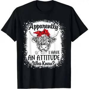 Bleached Highland Cow Apparently I Have An Attitude Who Knew Summer Casual Shortsleeve Cotton T-Shirt