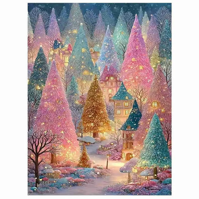 5D Full Drill Diamond Painting Kit - Enchanted Winter Forest with Colorful Tree Houses & Glowing Lights, Round Acrylic Diamonds, Fairy Tale Themed DIY Art for Home Wall Decor, Ideal Gift for Magical Winter & Craft Enthusiasts, Handicraft