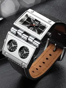 Men's Punk Folding Watch Face, High-End Trendy Comfortable Leather Strap, Three-Movement Multi-Timezone Display, Street Motorcycle Style, Trendy Multifunctional Watch