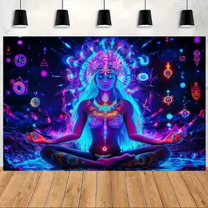 1pc UV-Reactive Dermijer Blacklight Tapestry - 7 Chakra Spiritual Design, Polyester Fabric for Yoga Meditation Spaces, Indoor/Outdoor Party Decor, No Electricity Needed