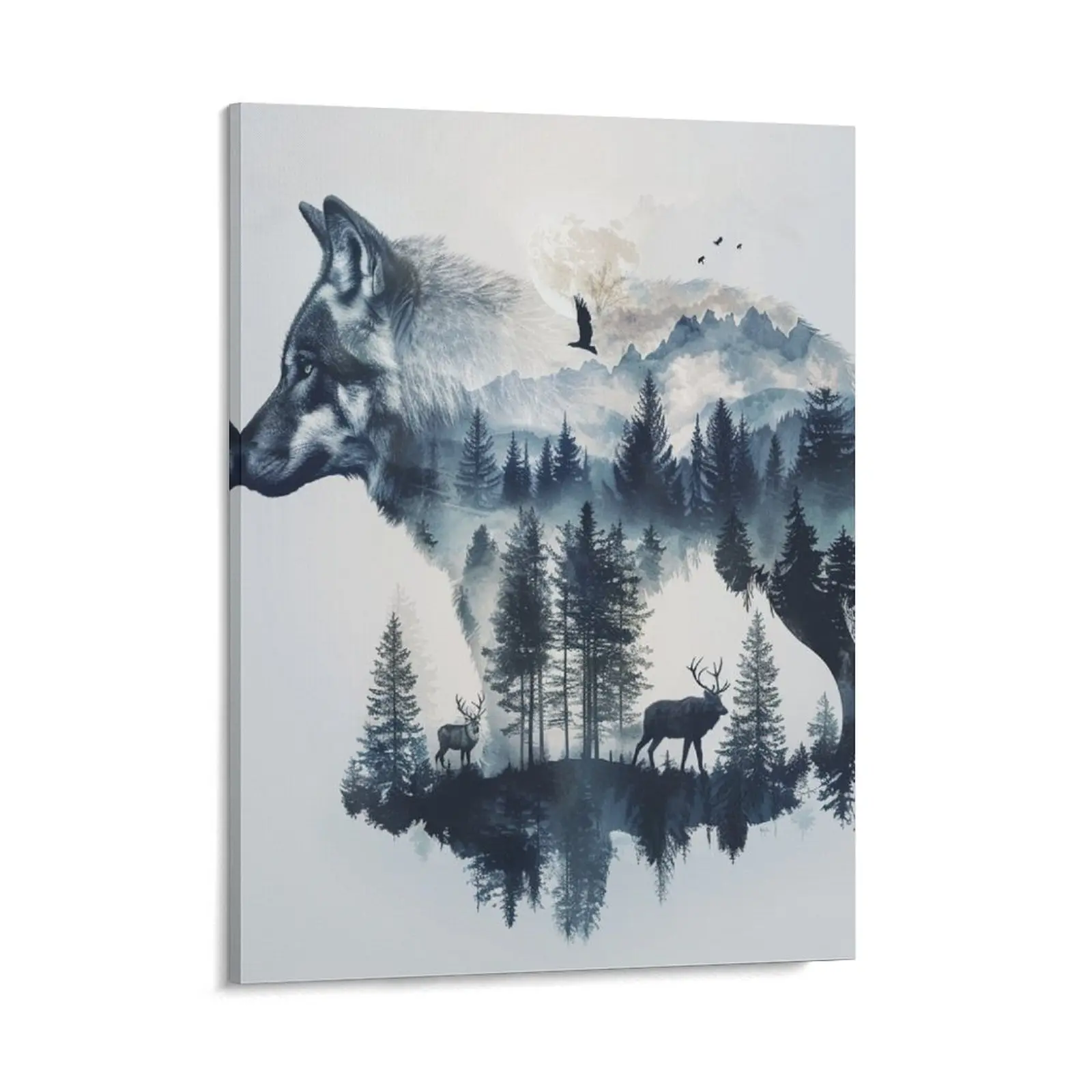 Wolf Theme Posters Wall Art Prints - Animal Forest, Autumn Mountains, Deer, Tree, Birds, Water Proof Art for Home Decor & Office Decoration