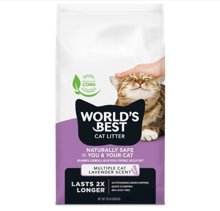 World's Best Cat Litter, Lavender Scented, Long-Lasting Odor Control, 15 lb | Controls multi-cat odors with a calming lavender scent; natural corn litter, quick clumping, flushable, 99% dust free formula