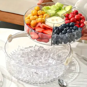 Divided Serving Tray with Lid & Dip Compartment, Portable Rotating Fruit Platter for Party Picnic Travel, Fridge Organizer Food Storage Container