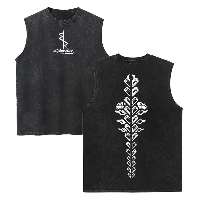 Cyberpunk: Edgerunners Vintage Washed Tank Top, Gym Essential, Vintage Casual Crewneck Short Sleeves Menswear T-shirt Classic Cotton Fabric Streetwear