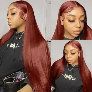 13x6 Reddish Brown Bone Straight Front Human Hair Wig For Women 150% Density Transparent Lace Frontal Wigs Pre Plucked