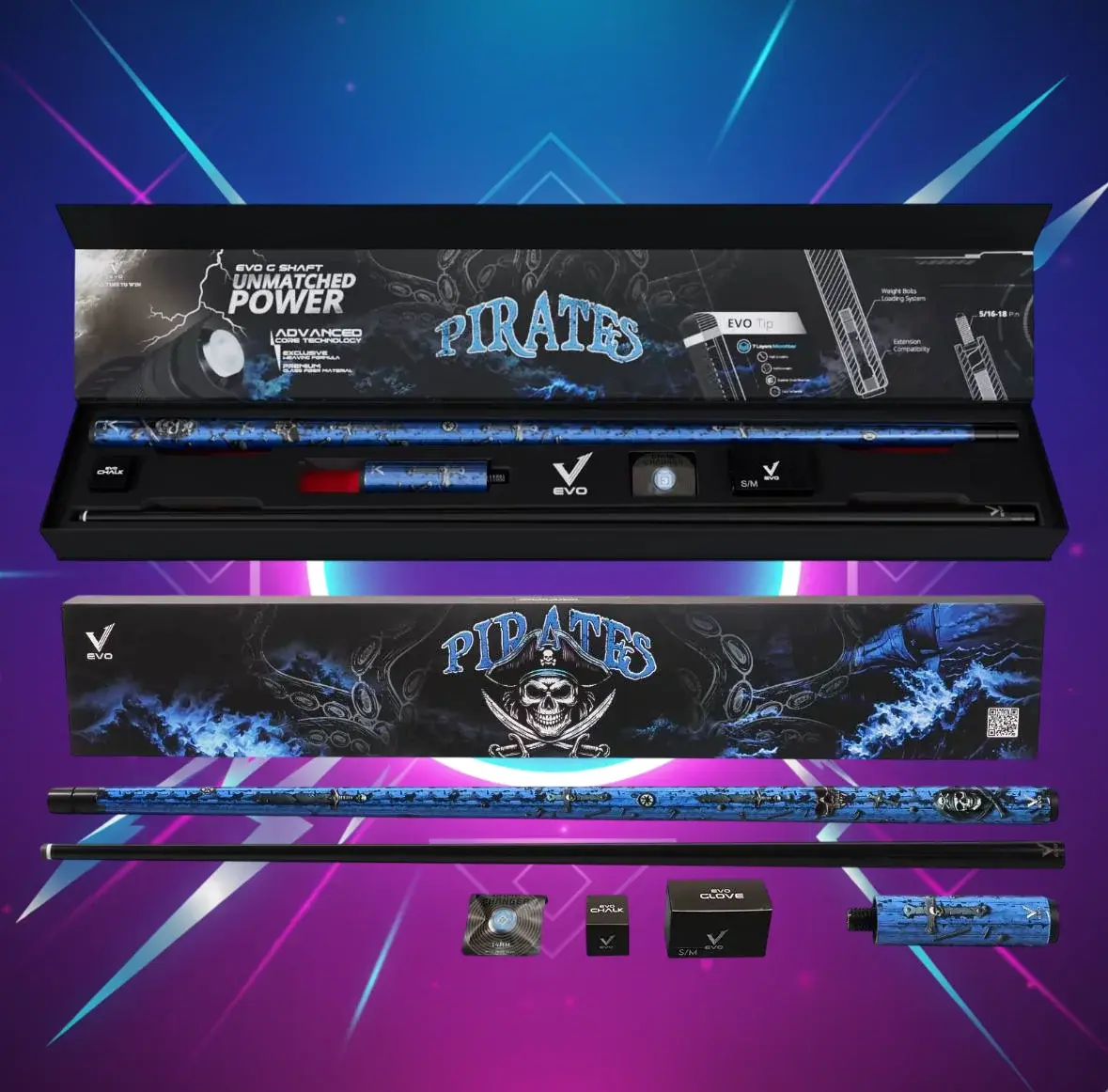 Evo Pirates Maxbing Edition – Sea Wrath | Premium Glass Fiber Pool Cue Kit with Carbon Butt, EVO 12.5mm Tip, 29" Shaft, 5/16-18 Joint, Wrapless Grip & 4" Extension