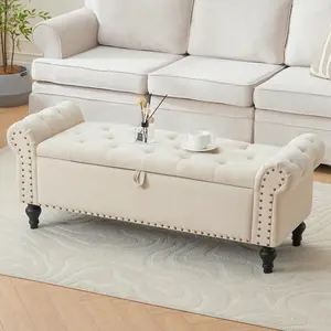 51" Bedroom Storage Bench, End of Bed Bench, Chenille Upholstered Benches, Ottoman with Storage, Window Benches with Rolled Arm and Nailhead Trim for Living Room, Entryway