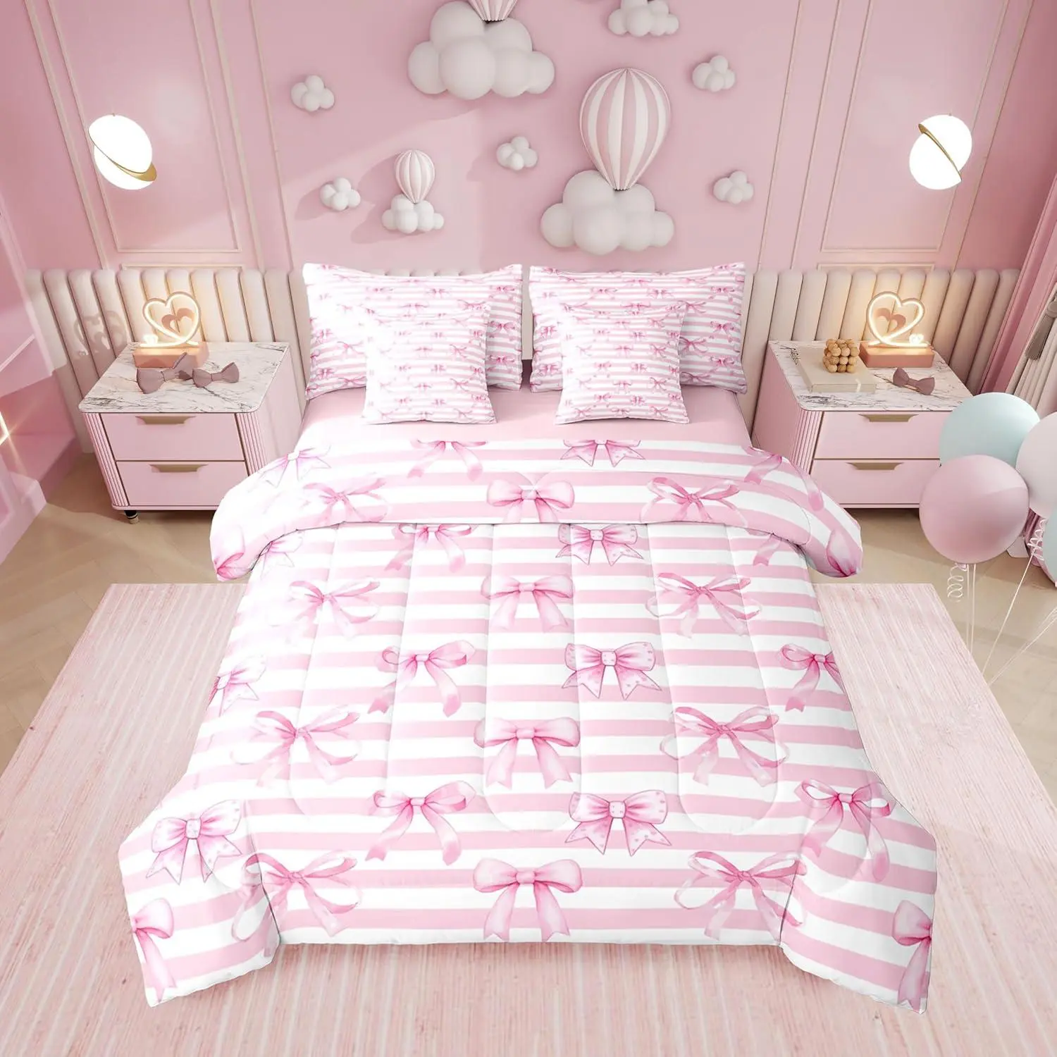 Feelyou 7-Piece Microfiber Printed Bedding Set - Blush Pink Bowknot Stripe, White Geometric Comforter, Ribbon Accents, Sheets Included, Soft Durable Material, for Teens' Girly Bedrooms