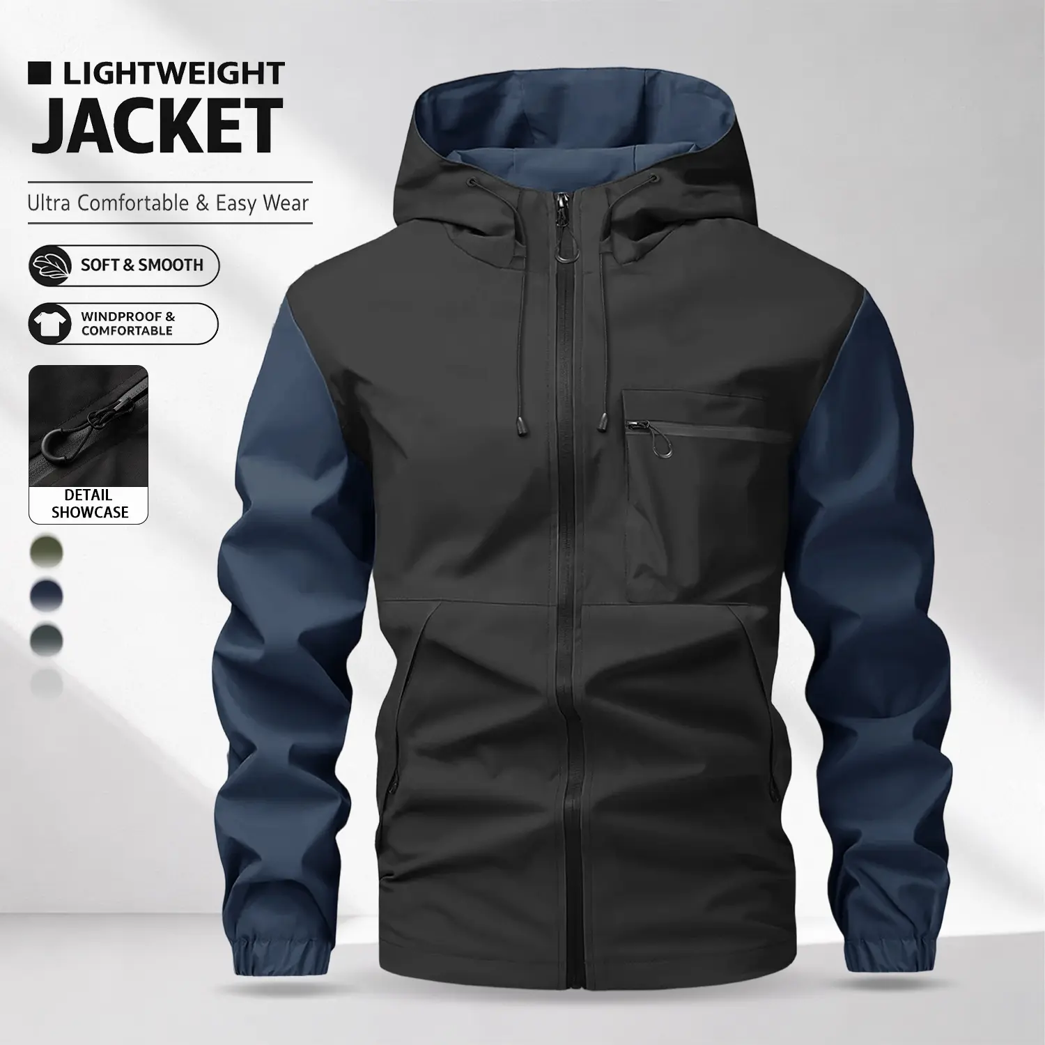 Men’s Hooded Windbreaker Jacket Lightweight Wrinkle-Resistant Fabric color block Design Zippered Chest Pocket Urban Functional Style fashionable comfortable daily wear casual and breathable coat