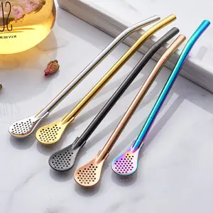 304 stainless steel straw spoon5PC  juice milk tea creative filtration straw mixing spoon integrated dual-use detachable straw