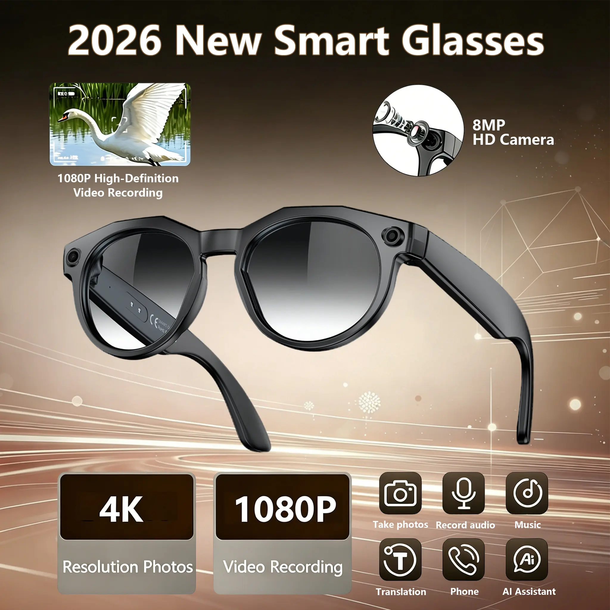 Chargeable Smart AI Camera Glasses with 8MP Camera, Photochromic Lenses, Built-in Smart Voice Assistant, 160+ Languages Real-Time Translation, Bluetooth, Video Recording, Touch Adjustment, Hands-Free Photo &  Recording for Travel . Wearable Wireless