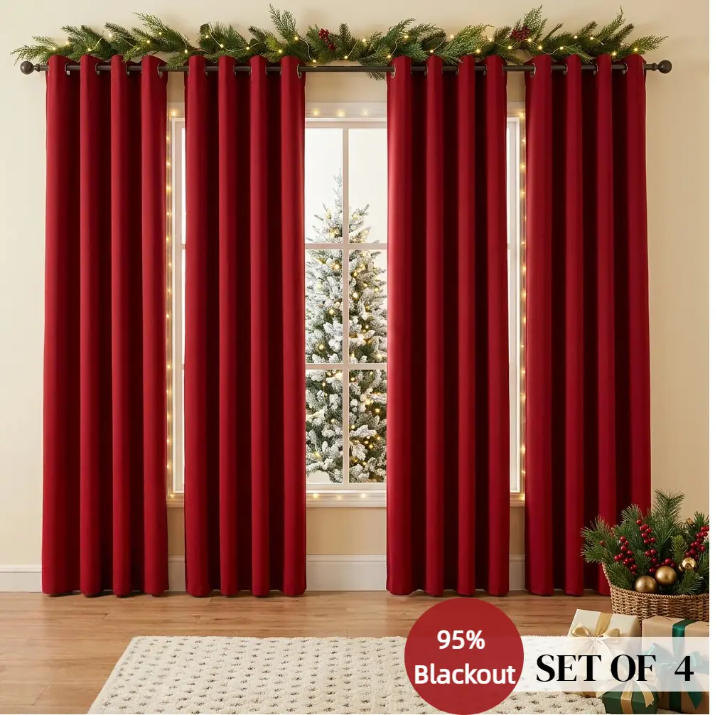 Christmas Wine Red Blackout Curtains 4 Panels Thermal Rod Pocket Drapes, Luxury Photo & Room Background Decor