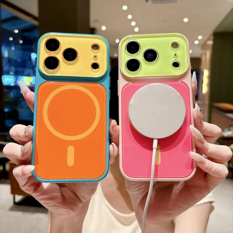 Dopamine Color Block Magnetic Protective Casing for iPhone 18 Pro Max, 17, 16, 15, 14 Pro Max Series, Glossy Contrast Color Cover, MagSafe-Compatible, Shockproof, Anti-Fall, No Paint Peeling
