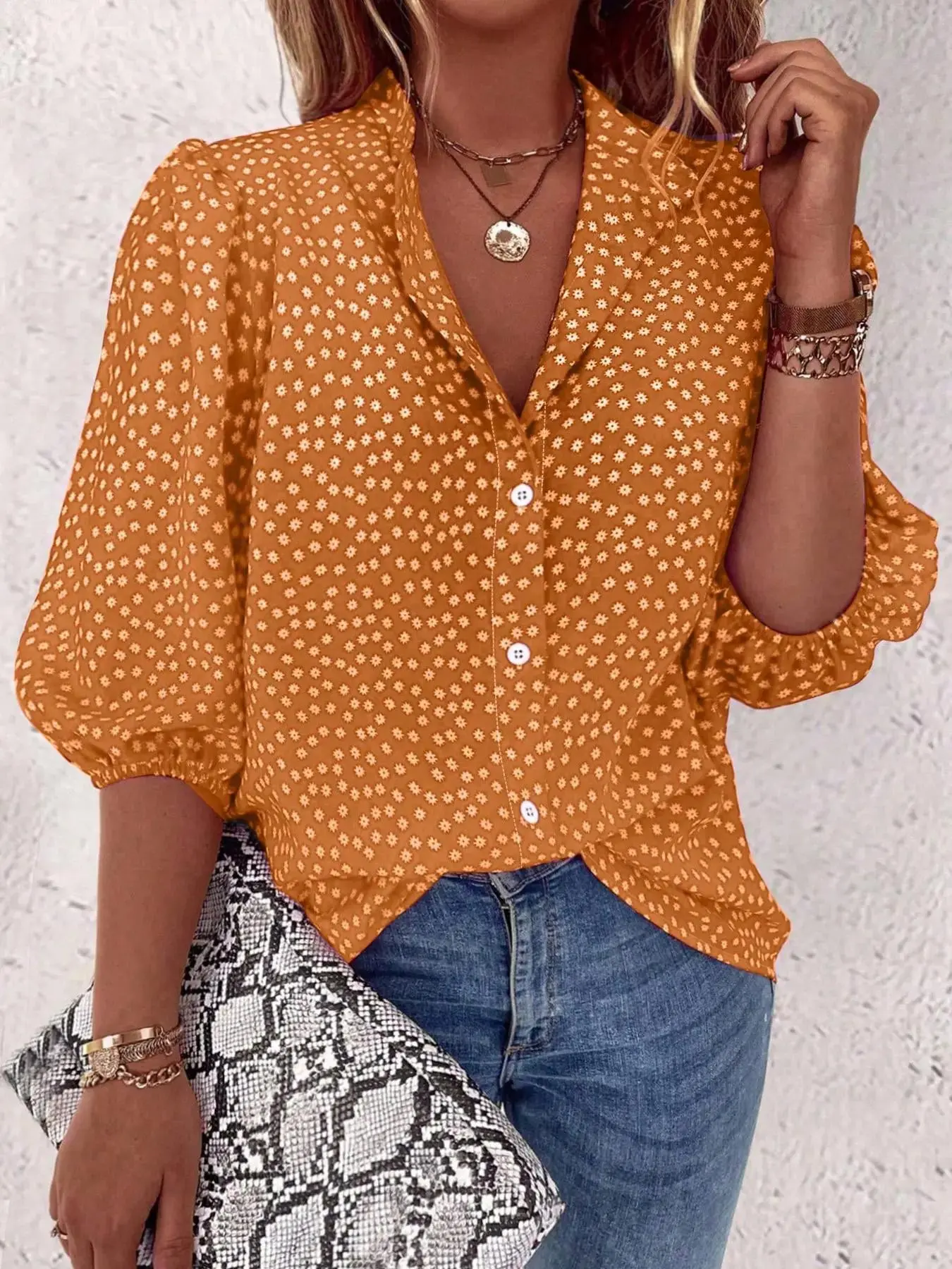 Polka Dot Floral Turn-Down Collar Women's Shirt Blouses, Lightweight Three Quarter Bubble Sleeve Button Front, Casual Daily Wear, Vintage Hong Kong Style