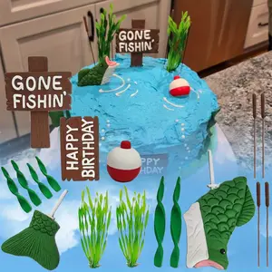 17 Pcs Birthday Party Cake Decorations, Fishing Themed Cake Decorations, Party Decorations for Fishing Enthusiasts, Suitable for Themed Parties and Birthday Parties
