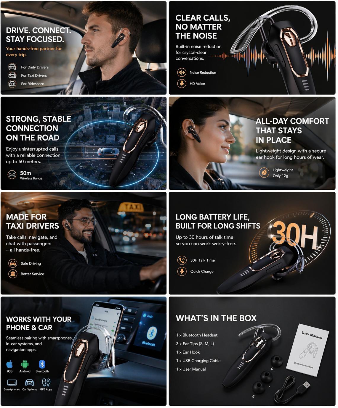 YUEYINOK Bluetooth Headset for Driving, Hands-Free Calls, AI Noise Cancelling, Clear Sound in Traffic, Secure Fit for Taxi Drivers & Daily Commute