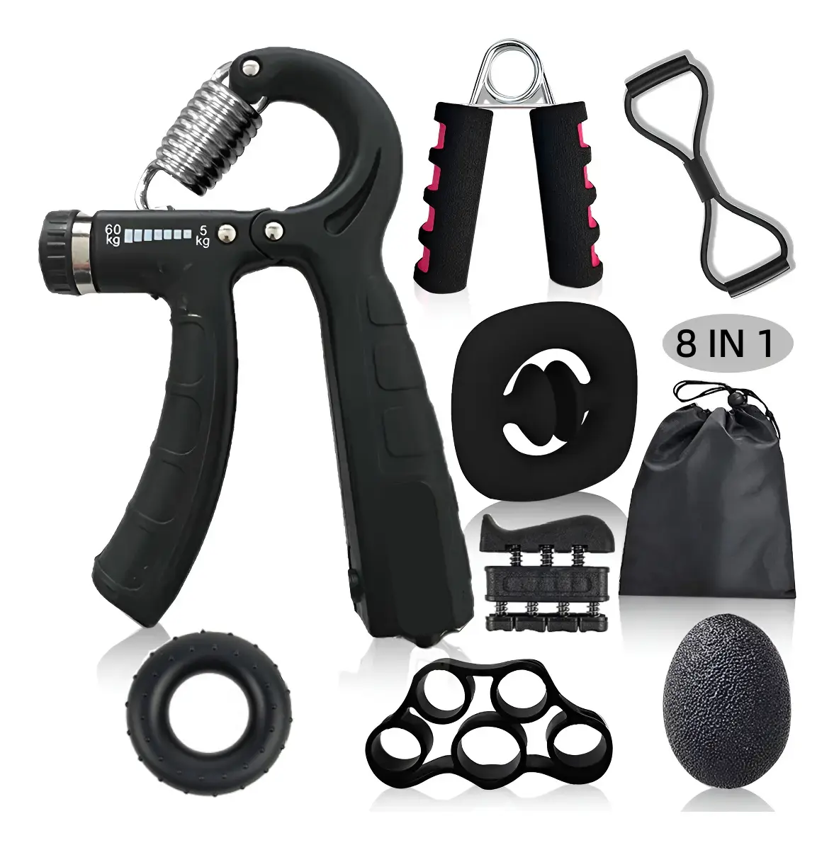 8PCS Grip Strengthener Kit, Adjustable Hand Gripper, Finger Exerciser, Grip Ring, Stress Relief Ball, Forearm Trainer Hand Workout Set for Hand Strength Training, Rehabilitation, Guitar & Rock Climbing