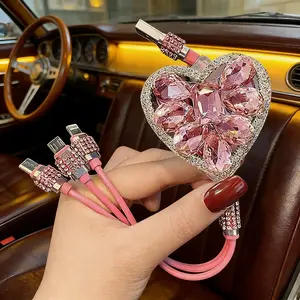 Girly Bling Charger Cable 3-in-1 Heart Crystal Rhinestone Sparkly Fast Charge Car Decoration Phone Accessory Cute TikTok Gift for Her