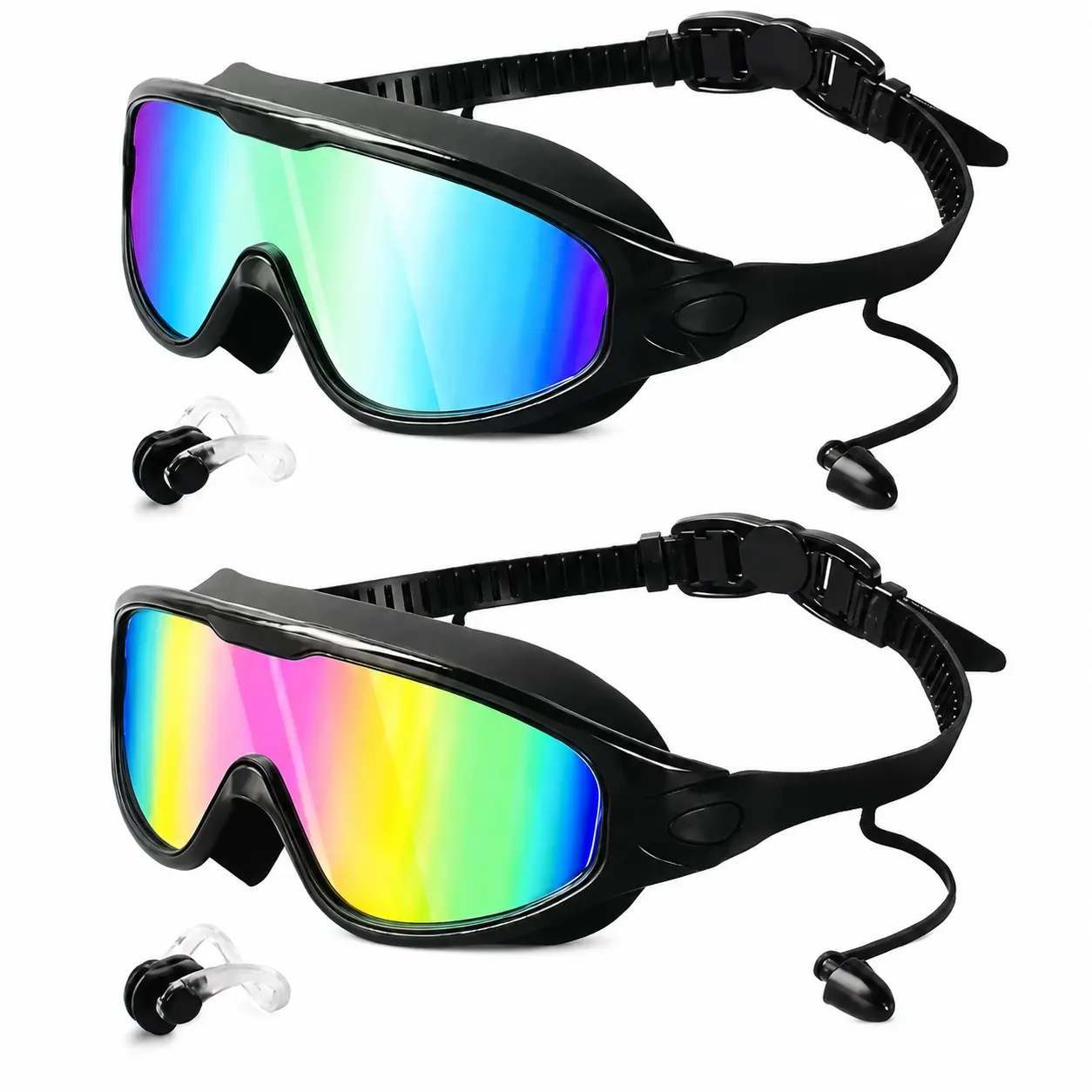 2-Pack Adult Swim Goggles, Unisex Wide-View Anti-Fog Swimming Glasses with UV Protection, Leakproof Design, Adjustable Straps, Earplugs & Nose Clips sohochic# leak proof# anti-fog uv protection# swim glass# waterproof earplug# uv swimming goggles