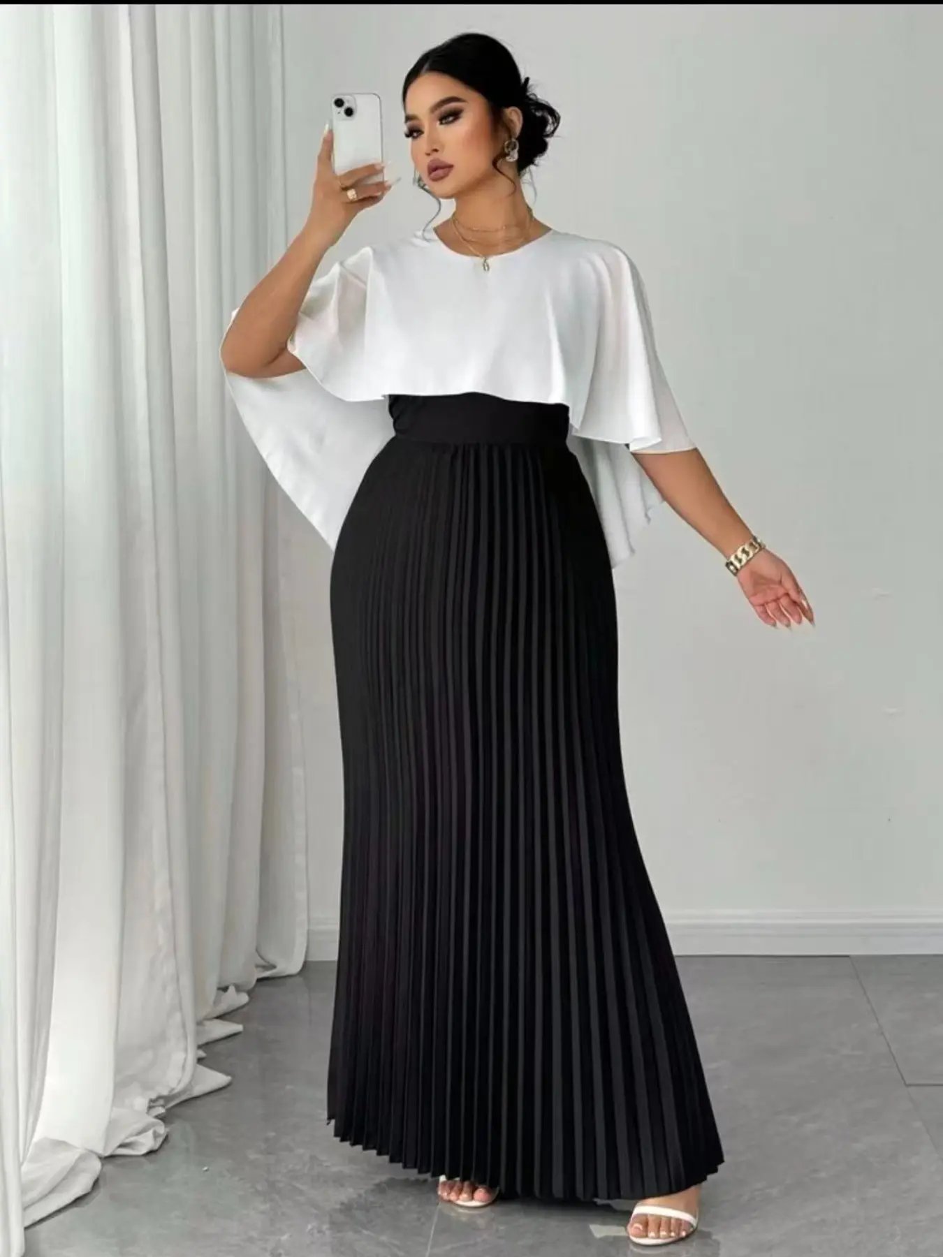 Plus Size Womenswear Casual Wear Patchwork Design Cape Sleeve Pleated Long Dress, Fake Two-Piece Conceal Fat Slimming Elegance Chic Long Dress Summer Elegant Tummy Flattering Dresses
