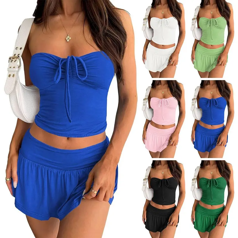 Imily Bela Womens 2 Piece Summer Outfits Y2k Crop Tube Tops and Pleated Mini Skirts Beach Sets