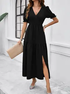 Women's Plain Deep V Neck Dress, Casual Minimalist Short Sleeve Dress for Summer, Ladies Clothes for Daily Wear, Womenswear, Casual Dresses
