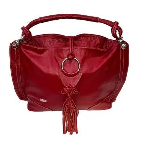 Bella Rosa Maria Boutique Celsius Genuine Leather Red Satchel Bag Large Shoulder Tote with Tassel Detail