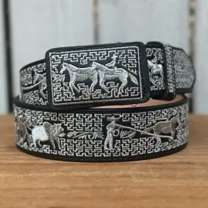 Black and Silver “Suerte Charra” Western-Style Belt Made with Genuine Leather and Metallic Thread Embroidery