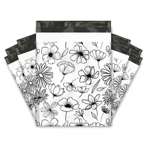12x15 Black and White Sketched Floral Designer Poly Mailers Shipping Envelopes Premium Printed Bags