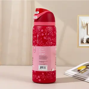 Owala Thermal Mug FreeSip – Available in stock. Large-capacity, straw-equipped sports water bottle with a stainless-steel handle. Red floral design. 32 oz. tiktokshopspringglowup