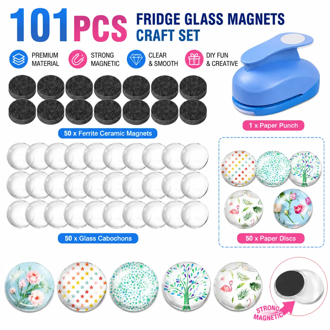 101PCS DIY Fridge Glass Magnet Craft Kit – 50 Clear 1" Glass Cabochons + 50 Ferrite Magnet Discs + 1" Round Paper Punch, Make Your Own Photo/Dried Flower Refrigerator Magnets (Clear+Black)