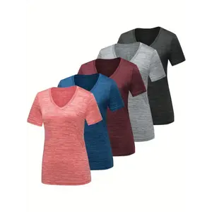 Women's Athletic Workout T-Shirts, Quick-Dry Moisture-Wicking 100% Polyester V-Neck Gym Performance Tees with Stripe Pattern for Spring/Summer/Fall - Lightweight, Breathable & Machine Washable in Assorted Colors (Pink, Gray, Navy Blue,