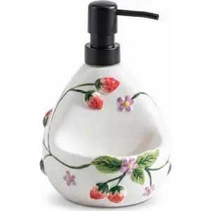Dish Soap Dispenser with Sponge Holder 20oz, 2-in-1 Large Hand Soap Dispenser with Jewelry Holder, Embossed Strawberry Decorative Cottagecore for &