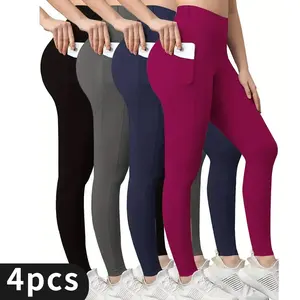 4-Pack Plus Size High-Waisted Cropped Sports Leggings for Women with Pockets - Spring/Autumn Compression Tights