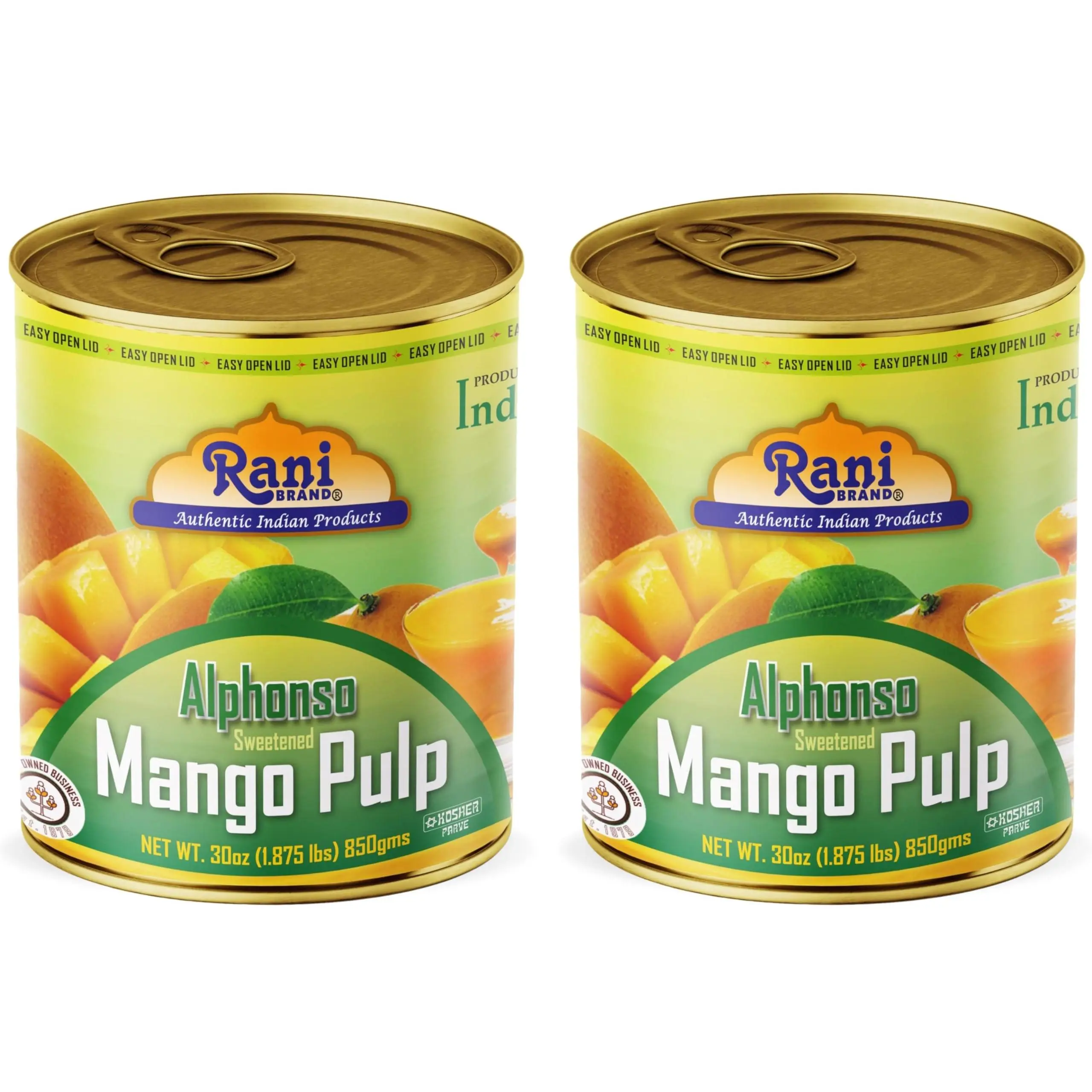 Rani Mango Pulp Puree (Makes Mango Lassi Shakes) Alphonso Sweetened 30oz (1.875lbs) 850g Pack of 2 ~ Kosher | All Natural | NON-GMO | Vegan | No colors | Gluten Friendly | Indian Origin