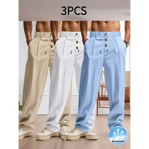 ELI 3pcs Men's Lightweight Linen Casual Pants - Breathable Relaxed Fit with Elastic Drawstring Waist & Button Closure, No-Stretch Fabric for Outdoor Beach Wear, All-Season Comfort (Beige/Green/Light Blue), Beach Pants, Solid Color Design