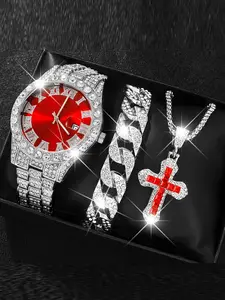 Men's Watch & Jewelry Set, Fashion Watch & Rhinestone Decorated Bracelet & Pendant Necklace, Trendy All-match & Exquisite Watch Set for Birthday Gift, Fashionable Jewelry Set