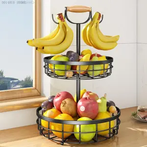 2-Tier Fruit Basket Bowl Vegetable Storage with Dual Banana Tree Hanger and Wooden carry Handle, Kitchen Countertop Metal Wire Basket for Bread Onions Potatoes Organiser HangableAGripset24DD14HUB STORE