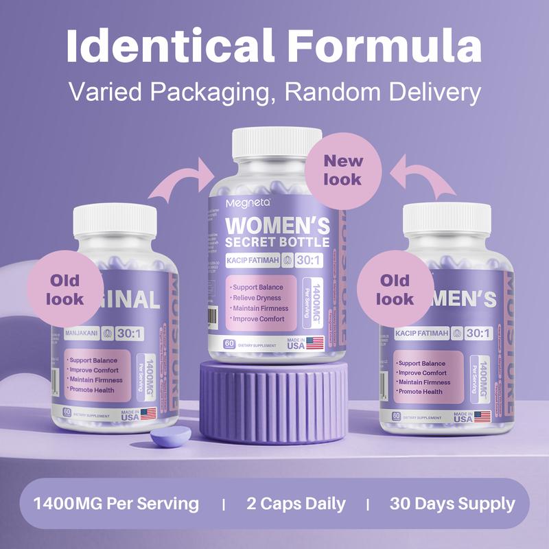 Women’s Herbal Supplement with Kacip Fatimah 1000mg, Manjakani, Slippery Elm & Fenugreek | Wellness & Vitality Support | 60 Tablets | Mixed Packaging