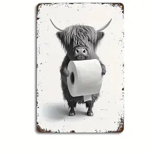 Whimsical Highland Cow with Toilet Paper Metal Sign Charming Bathroom Wall Art Quirky Farmhouse Decor Durable Geometric Pattern Easy Mounting