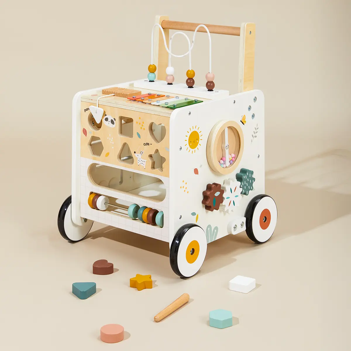 Wooden Baby Push Walker | Activity Cube with Montessori Toys & Shape Sorter, Speed Control, Indoor Walker for Toddlers, Playroom & Nursery, Natural Wood